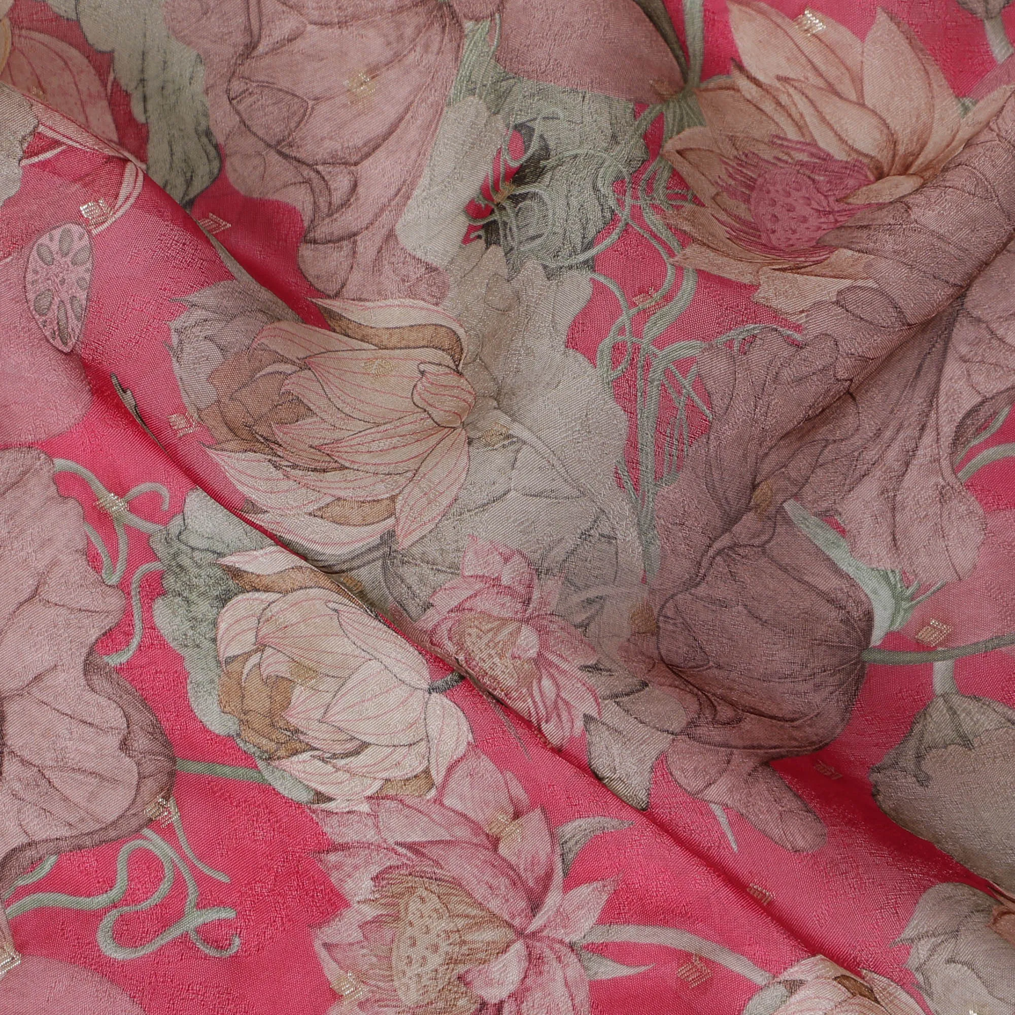 Ruby pink and Beige Floral Synthetic Organza Fabric - 110 cm Width, Made in India-D19639