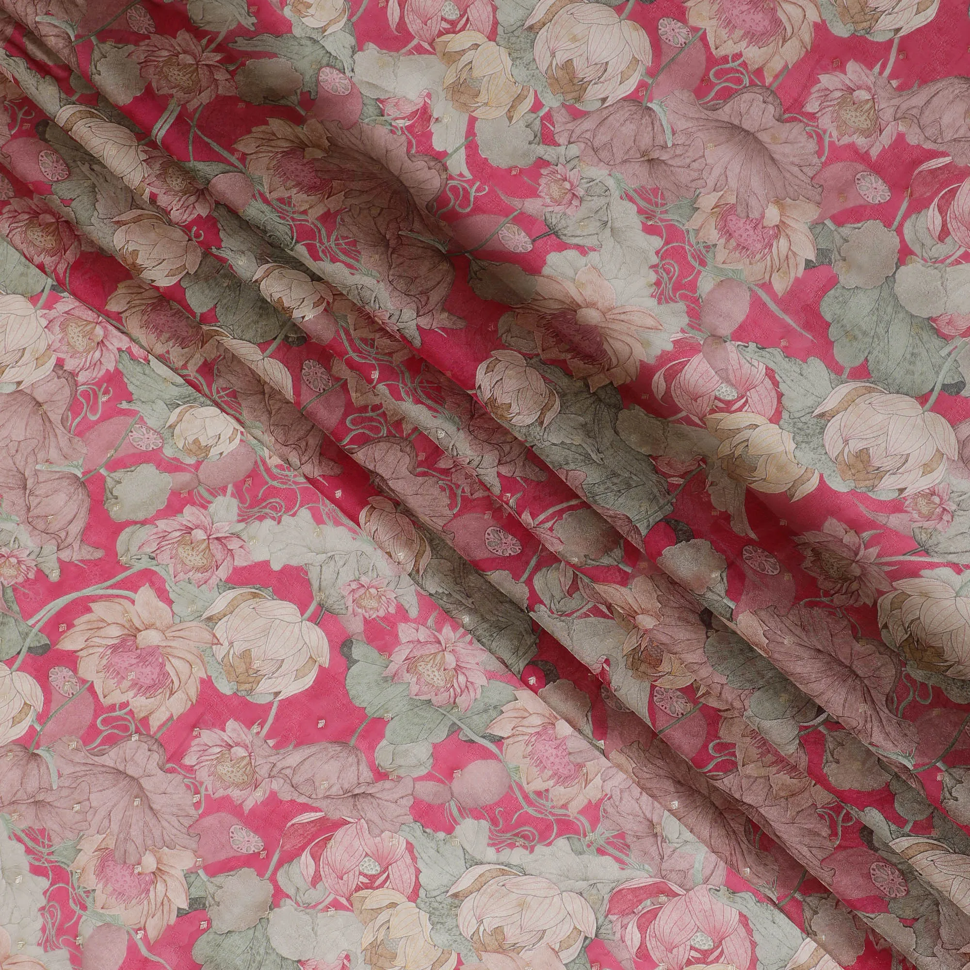 Ruby pink and Beige Floral Synthetic Organza Fabric - 110 cm Width, Made in India-D19639