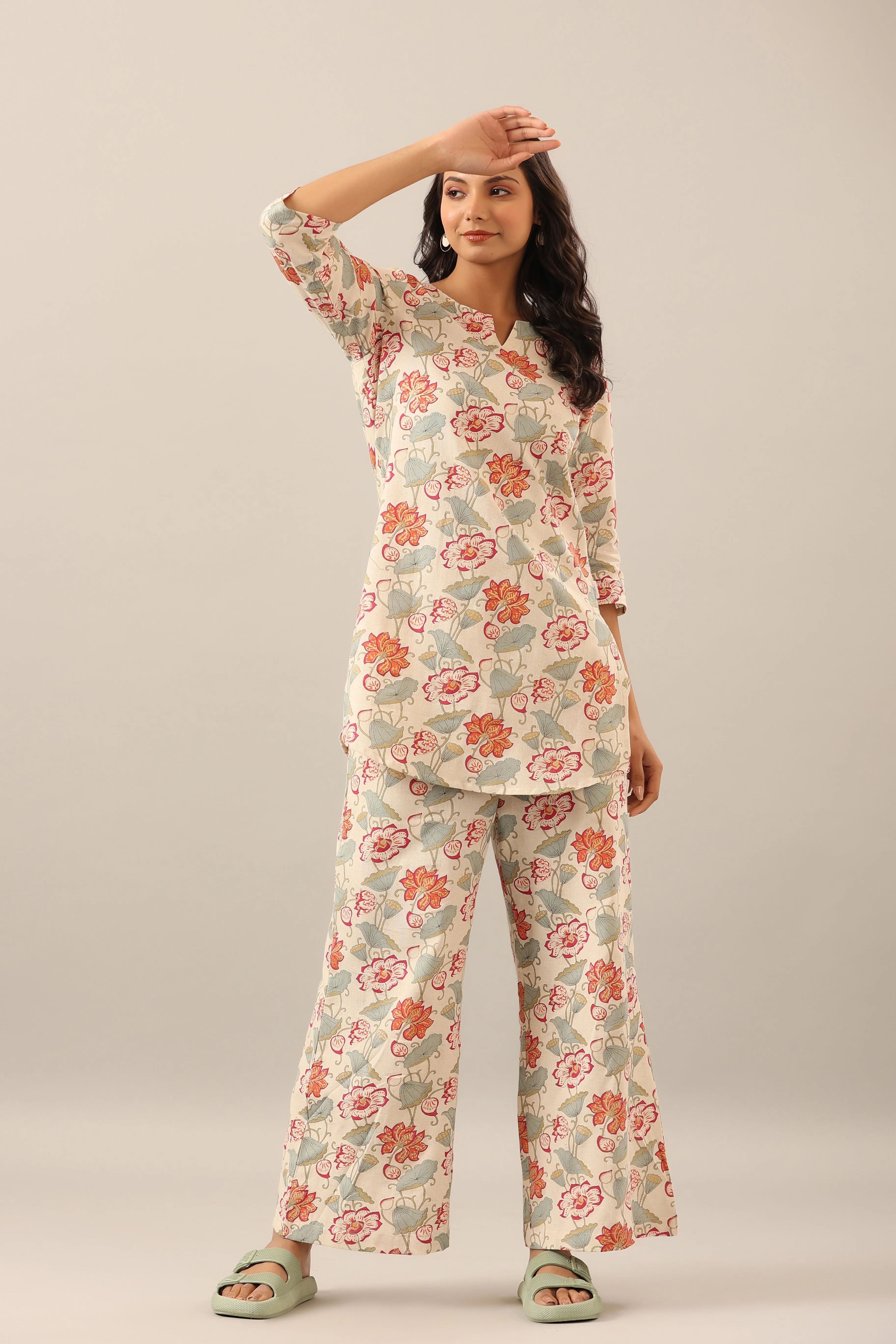 Sand Fleur on Cotton Cotton Flex Palazzo Loungewear Set