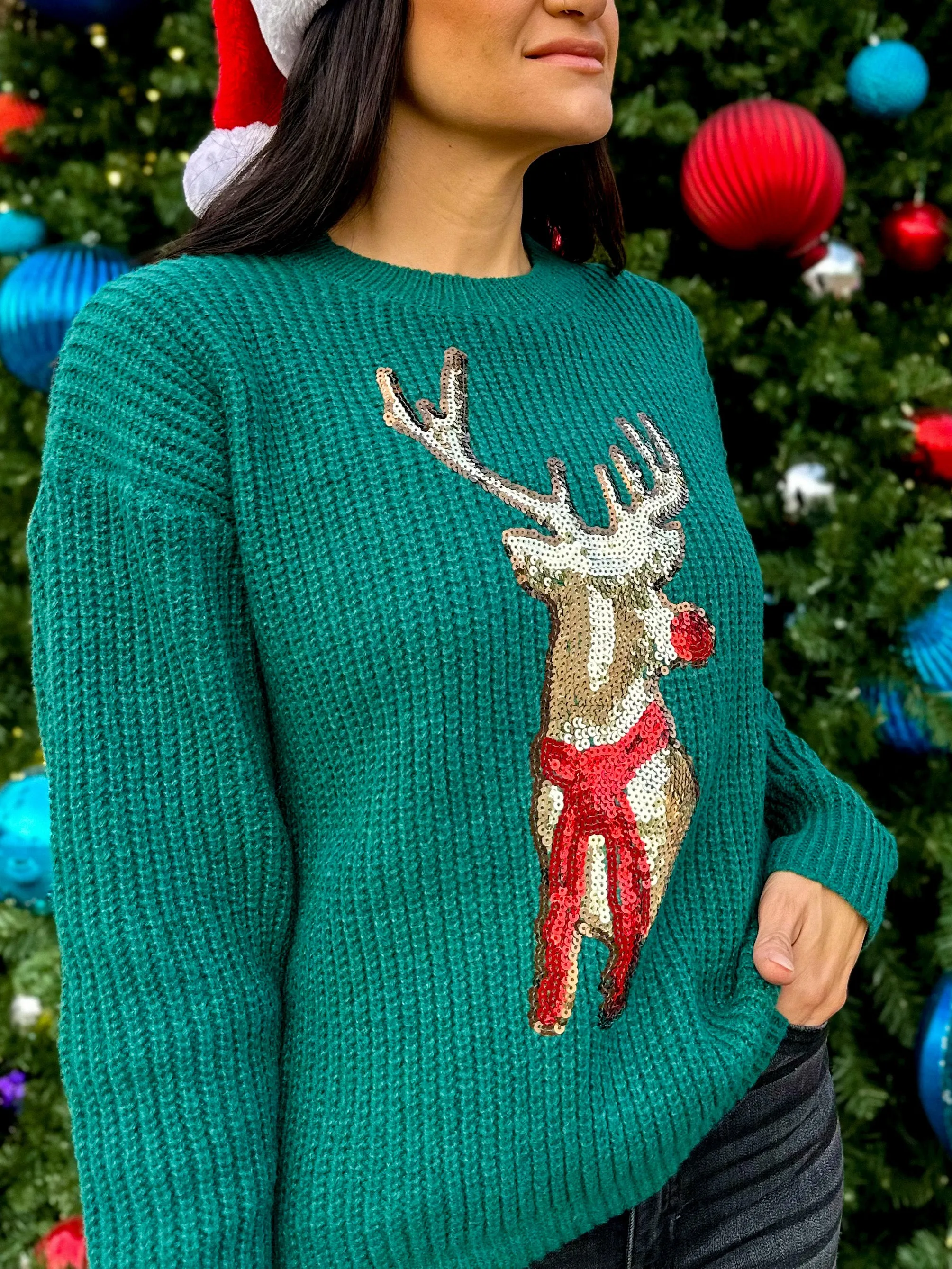 Sequin Reindeer Christmas Sweater