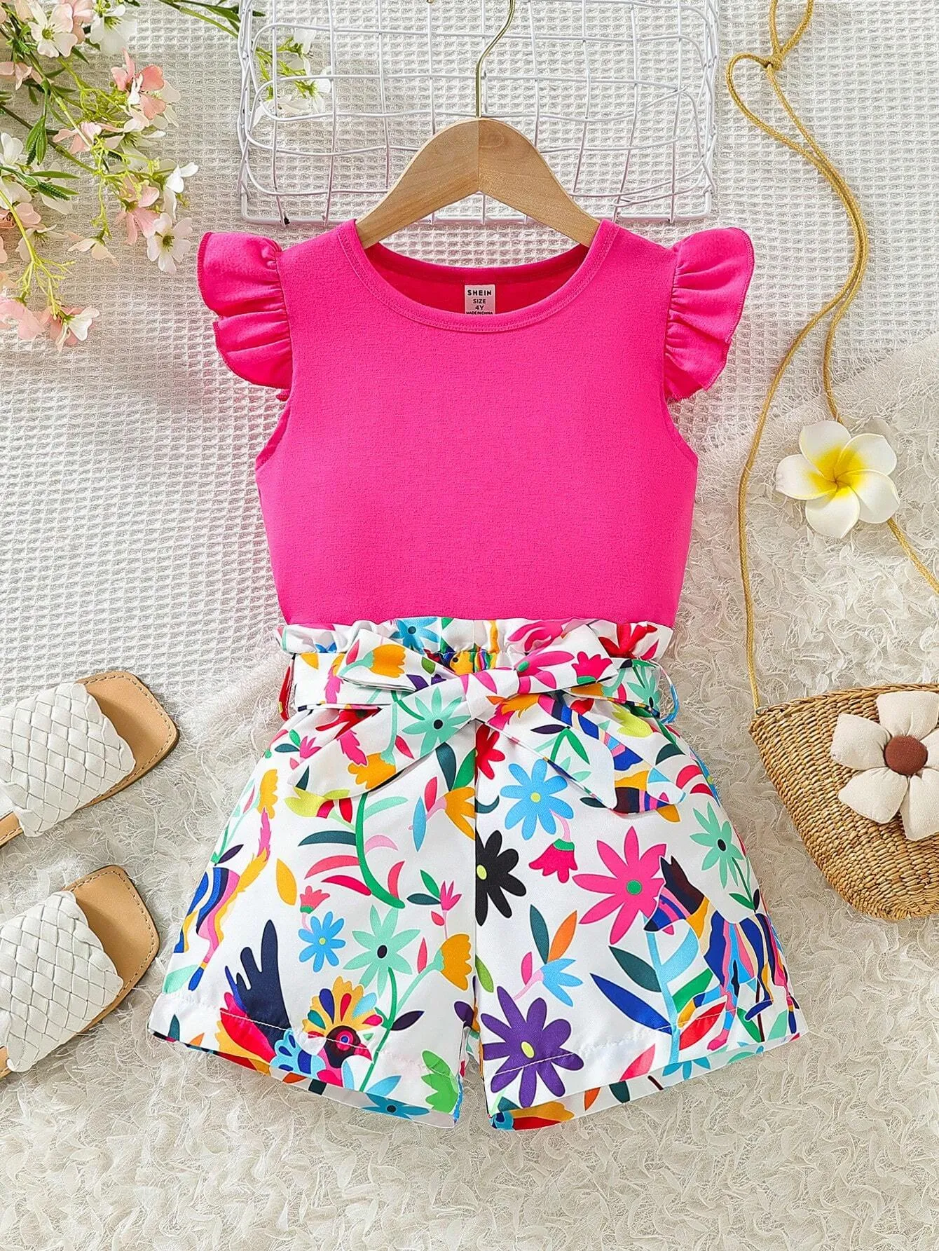 SHEIN Young Girl Round Neck Short-Sleeved Simple Top And Sunflower Print Shorts With Waist Belt, 2pcs Set