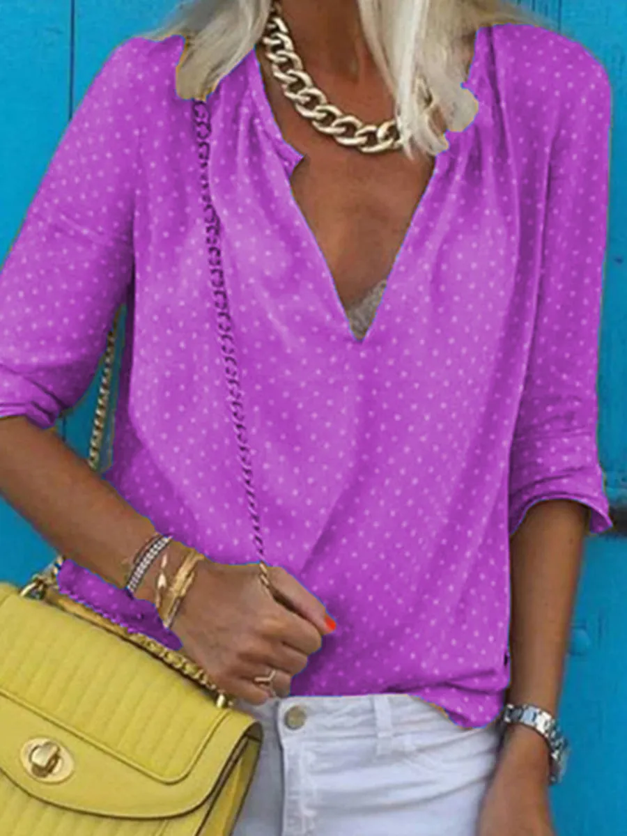 Simple Casual Loose V Neck Polka Dot Printed Shirt