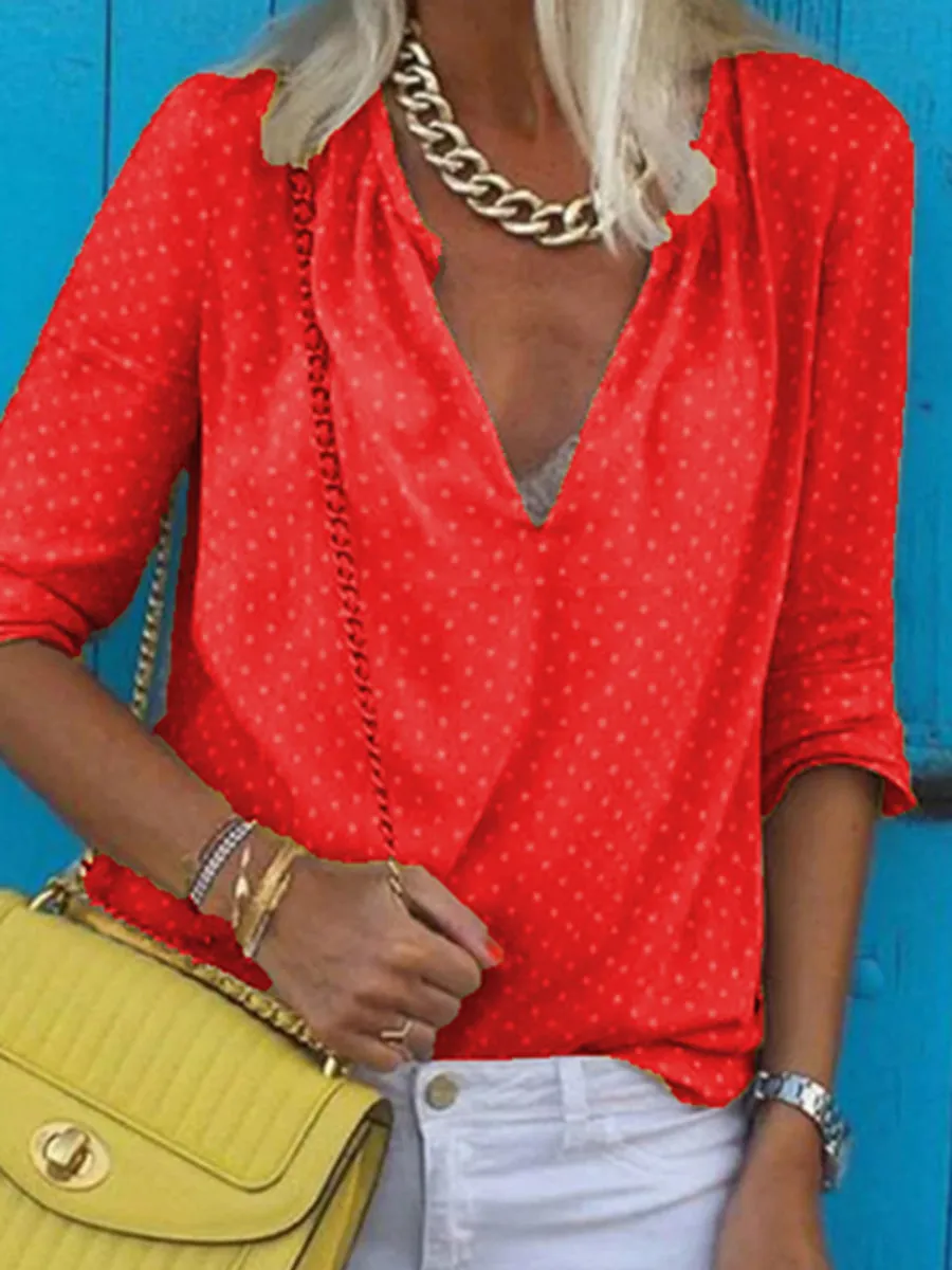 Simple Casual Loose V Neck Polka Dot Printed Shirt