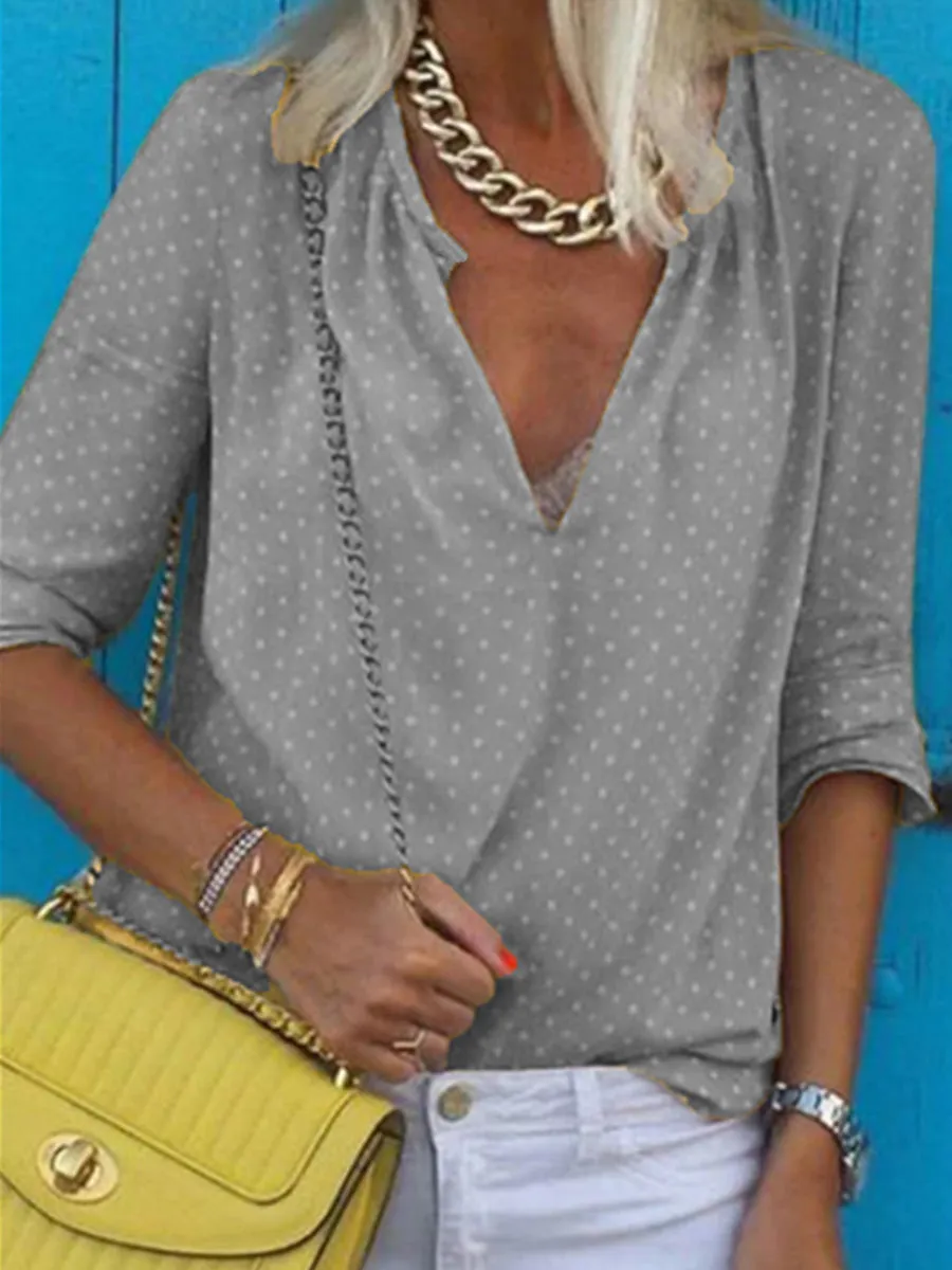 Simple Casual Loose V Neck Polka Dot Printed Shirt