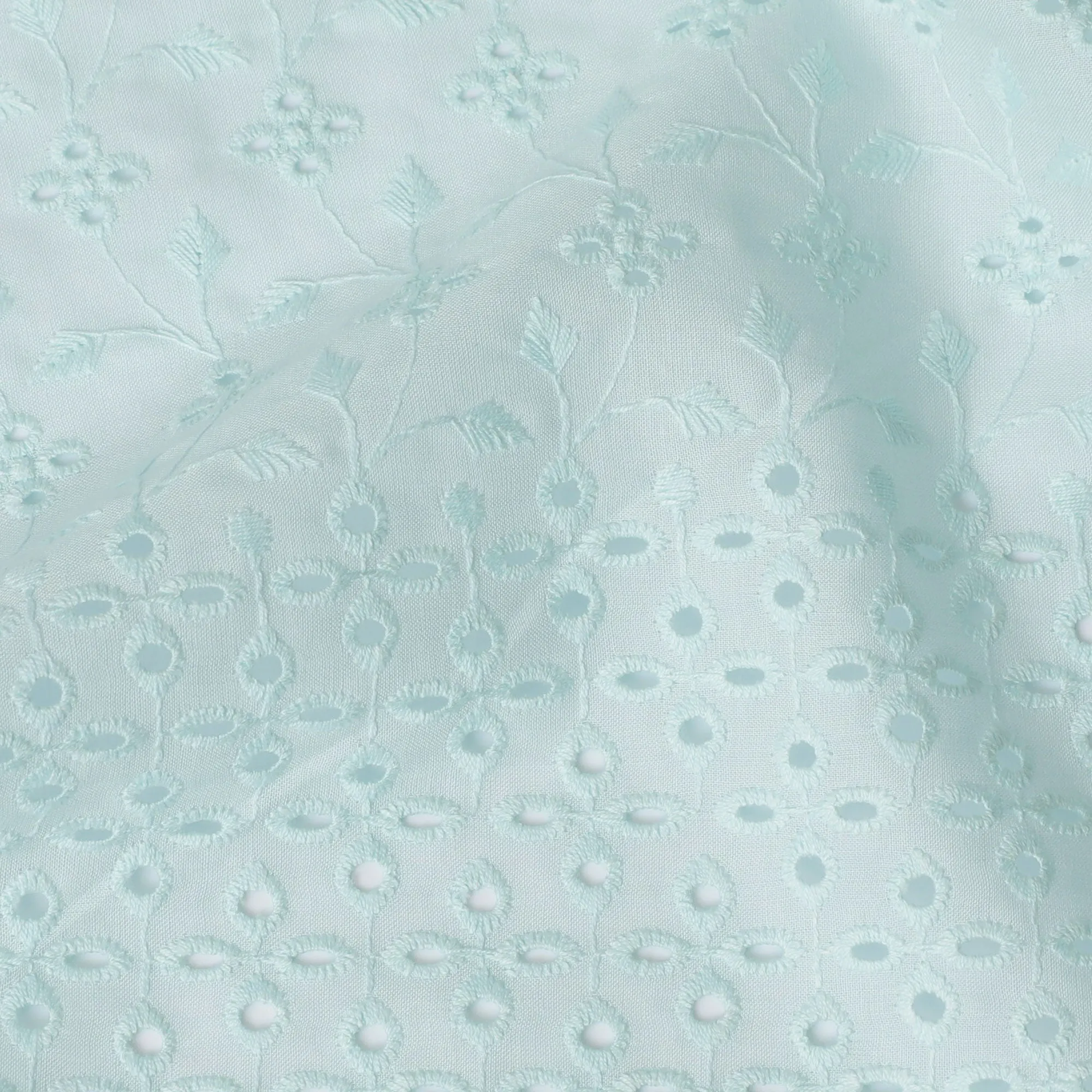 Sky Blue Cotton Voile Fabric with White Floral Embroidery, 110 cm Width-D20121