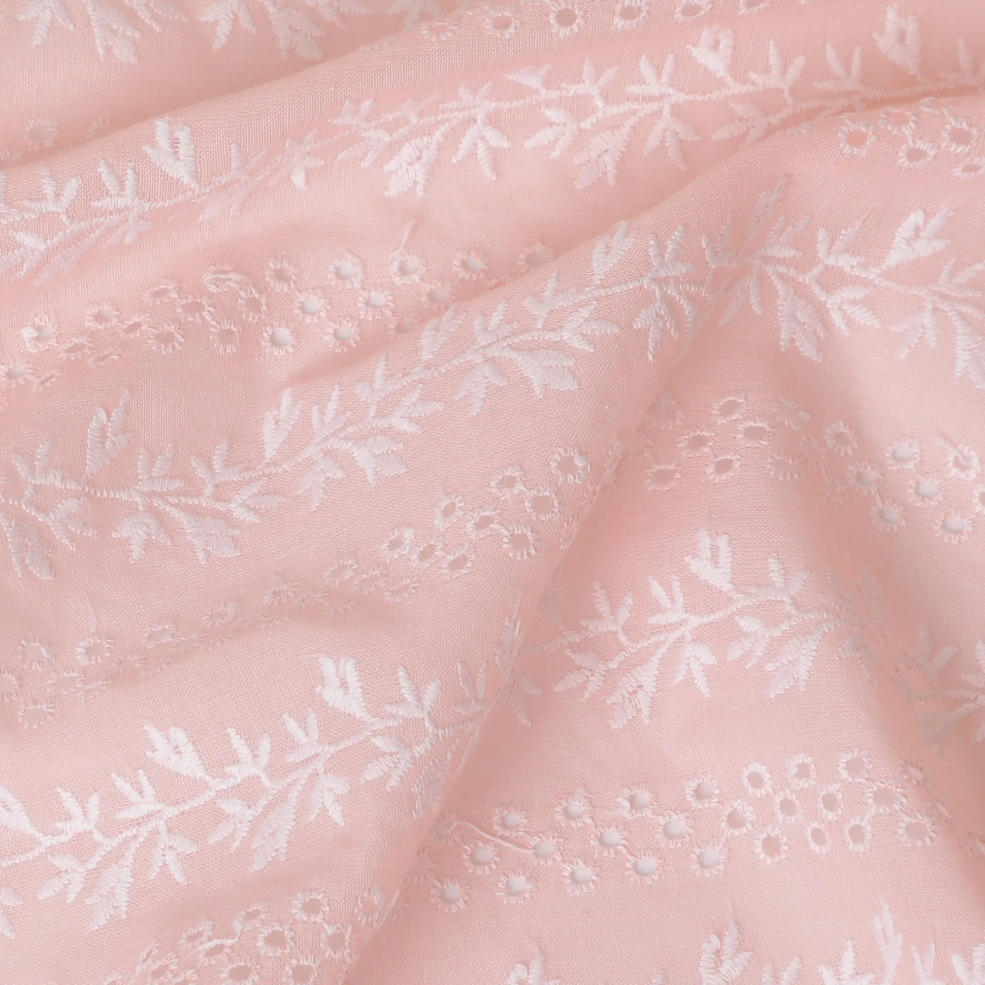 Soft Peachy pink Floral Embroidered Cotton Lawn Fabric, 110 cm Width-D19680