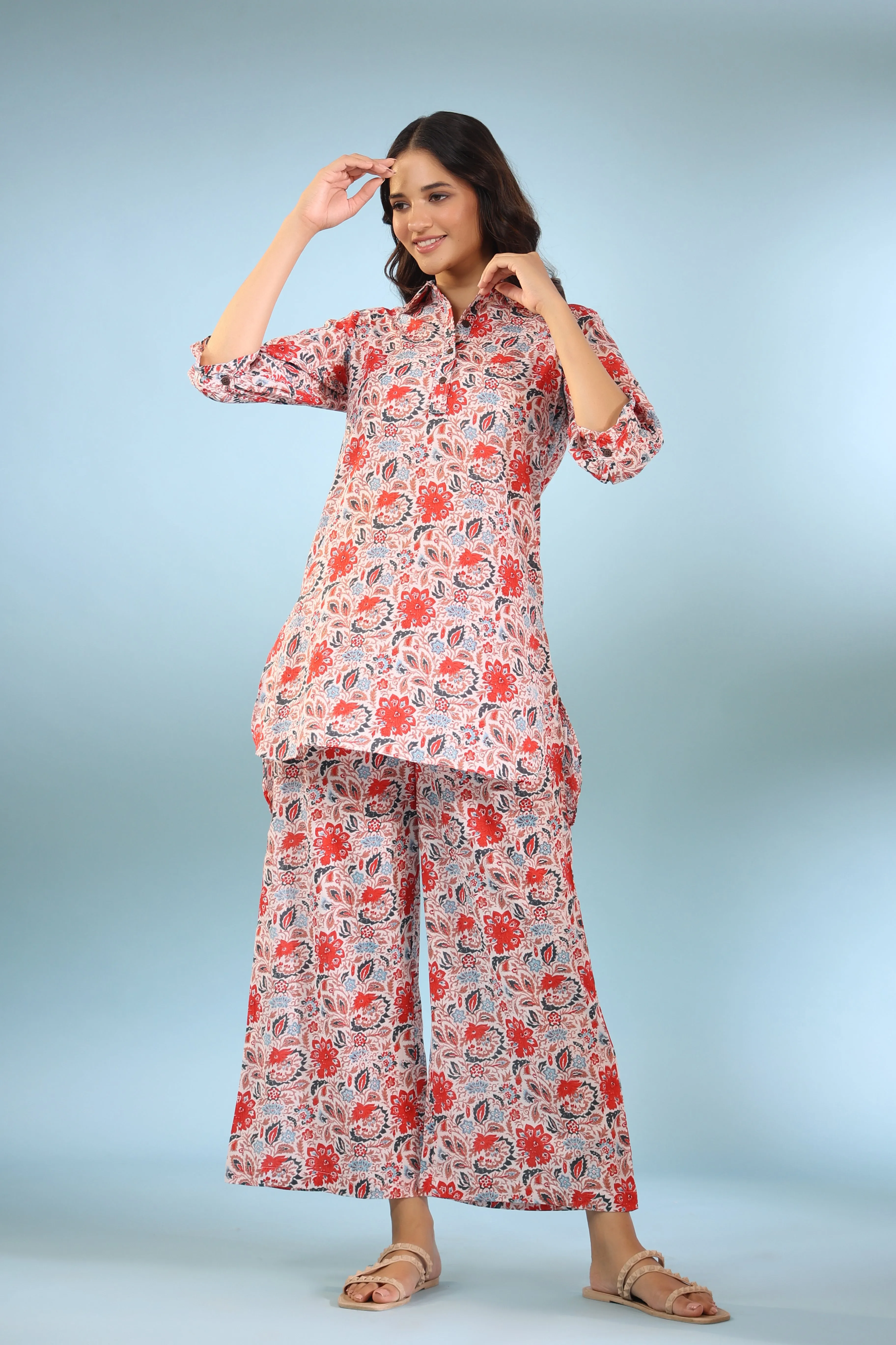 Spring Flowers on Cotton Palazzo Loungewear Set