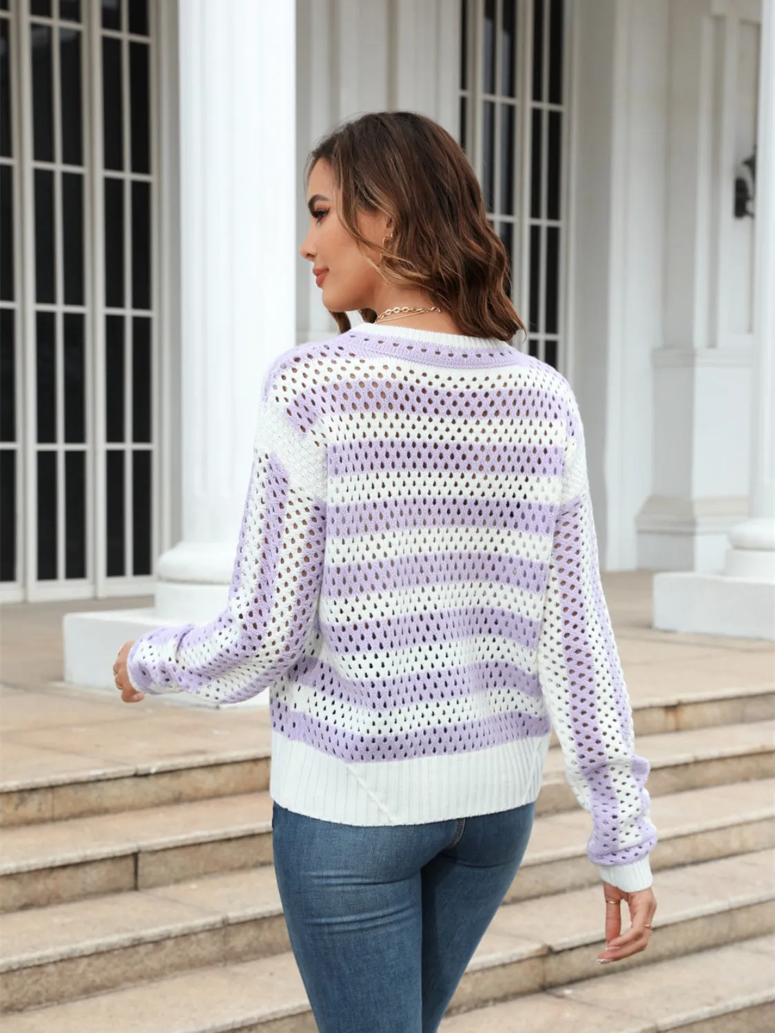 Striped Openwork Round Neck Sweater