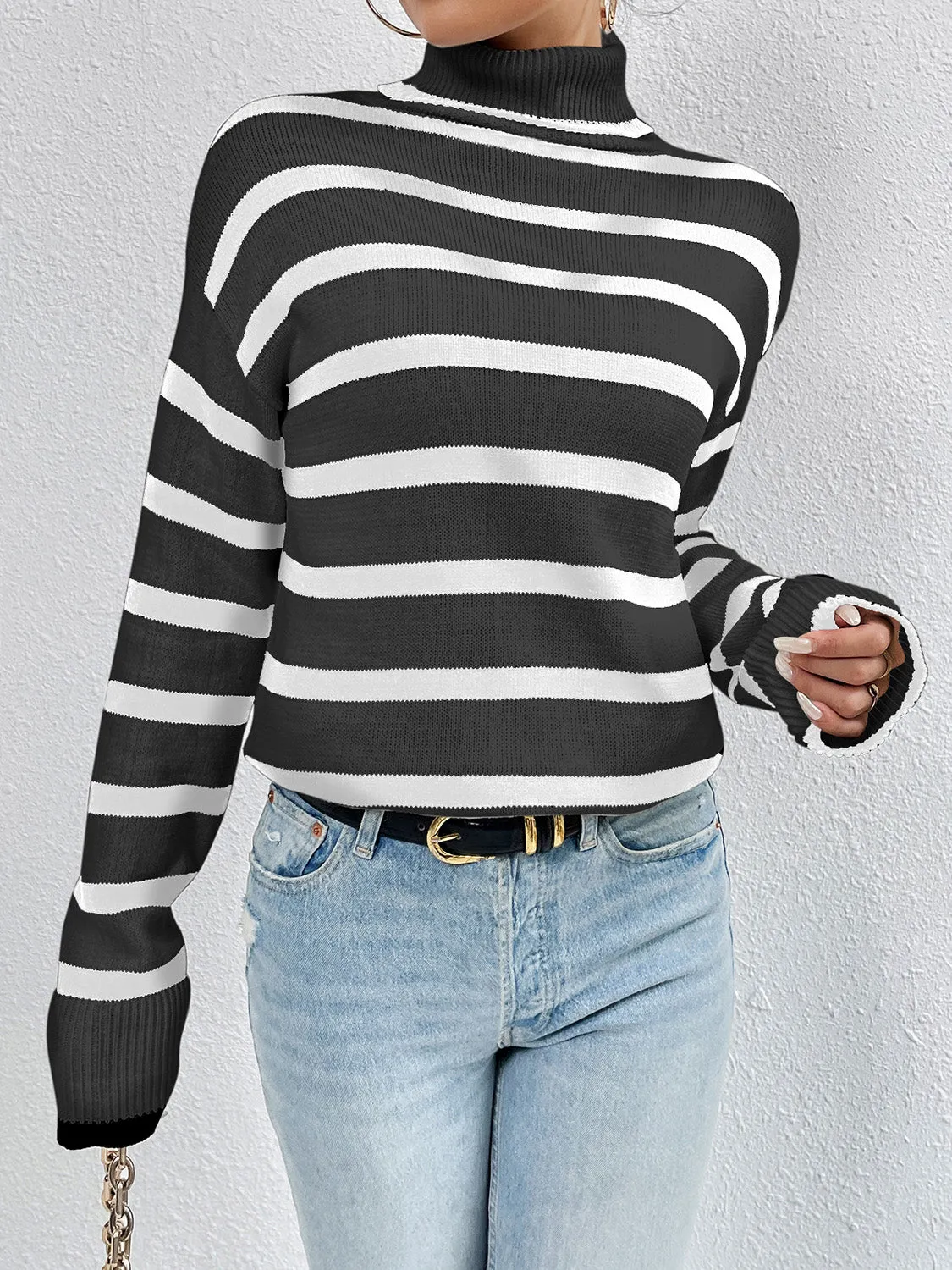 Striped Turtleneck Long Sleeve Sweater – Cozy and Stylish Knitwear for Fall & Winter