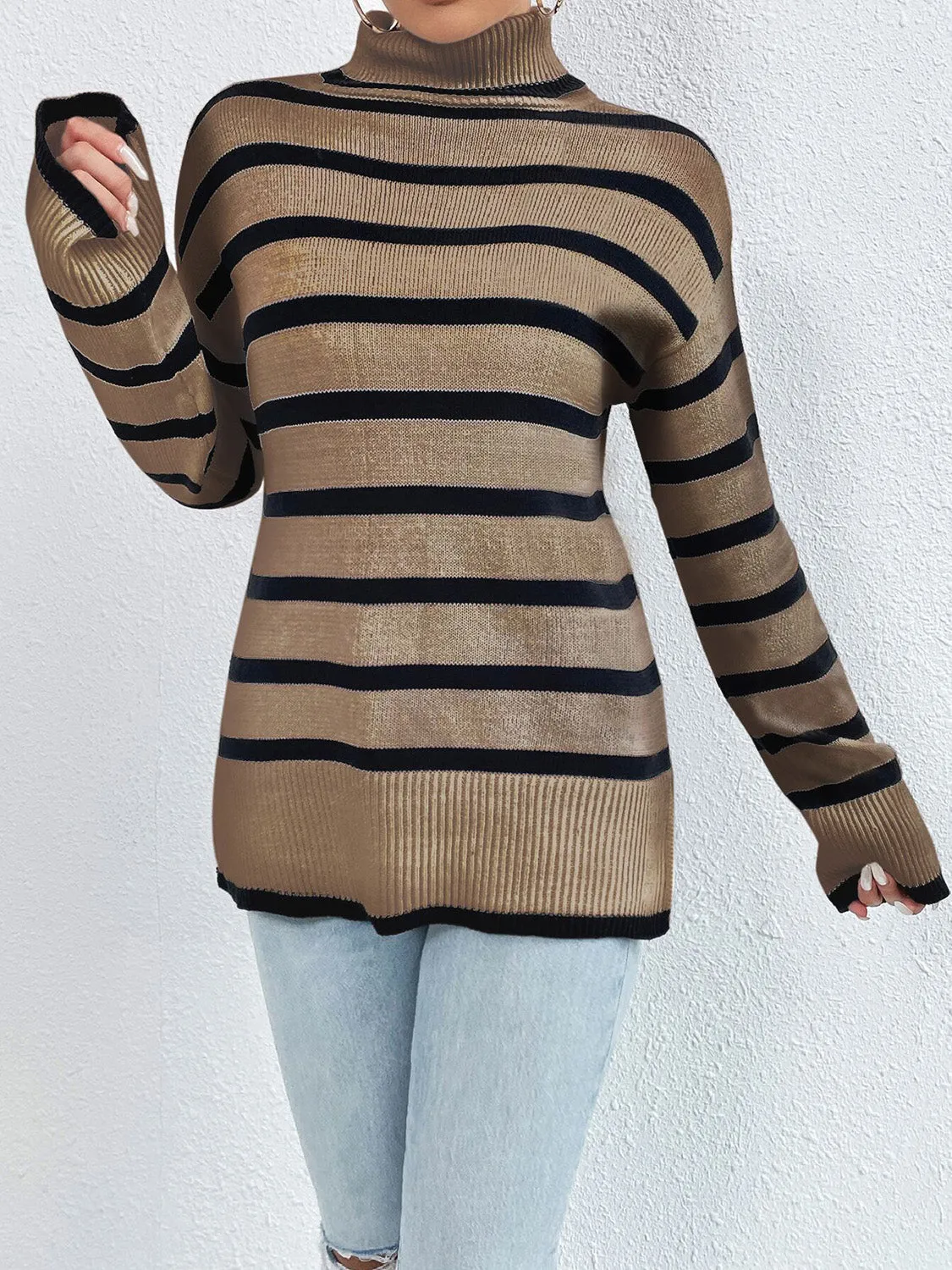 Striped Turtleneck Long Sleeve Sweater – Cozy and Stylish Knitwear for Fall & Winter