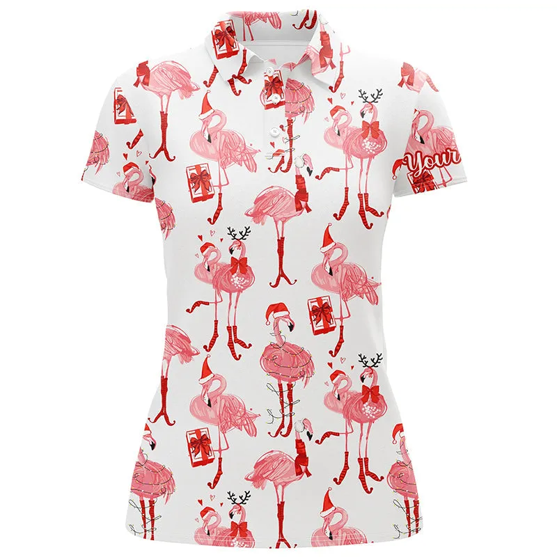 Tropical Winter Watercolor Flamingos Womens Golf Polo Shirt Christmas Golf Shirts For Women