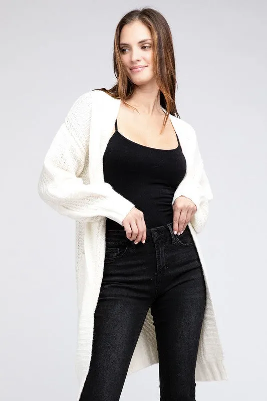 Twist Knitted Open Front Cardigan With Pockets