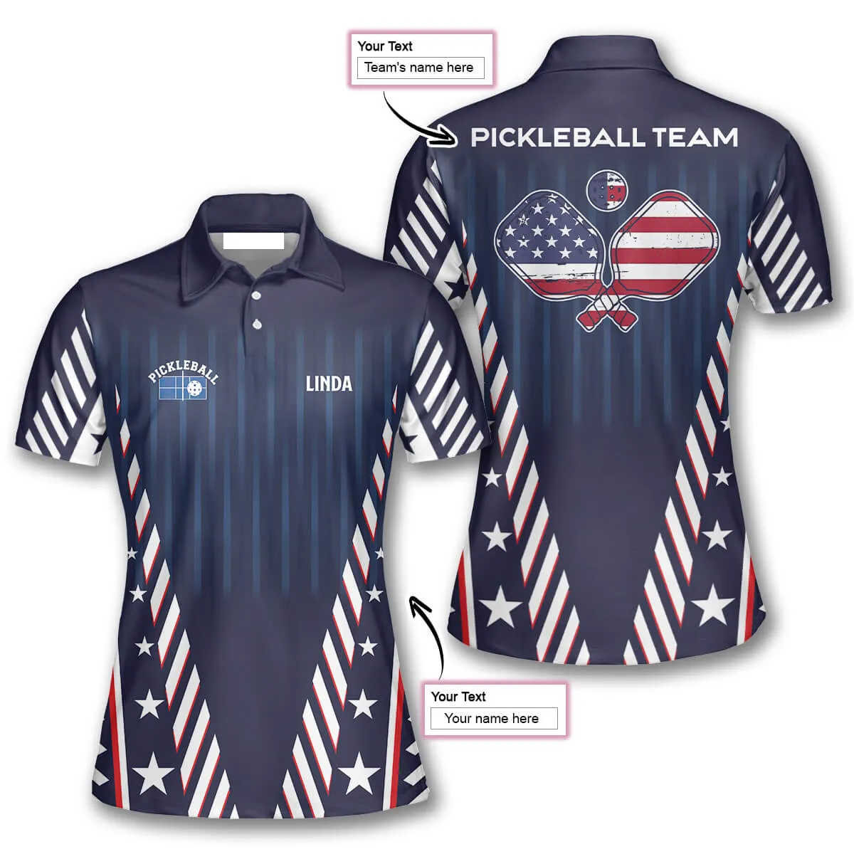 US Flag Pickleball Polo Shirts For Women, Custom Name Team Flag Pickleball Shirt