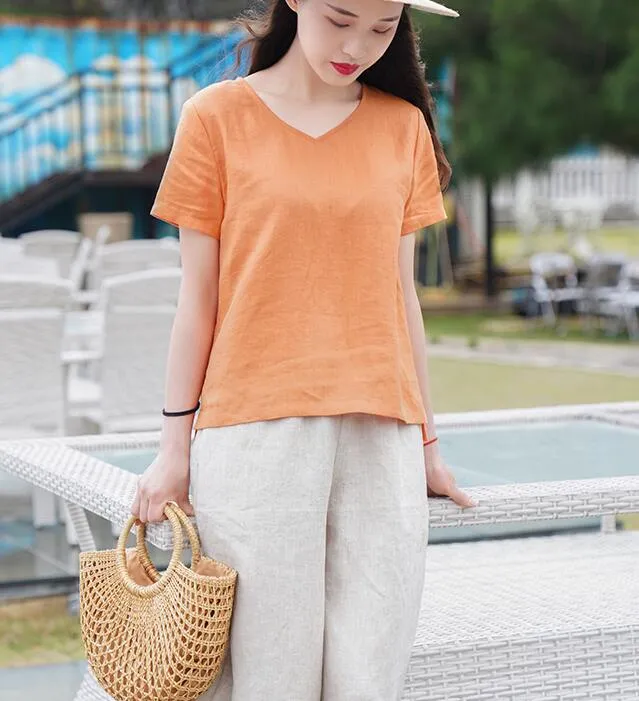 V Neck Orange Linen Blouse Simple Style Shirts Summer Tops  SMM9508