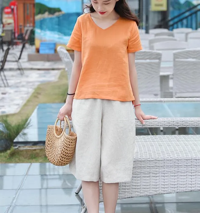 V Neck Orange Linen Blouse Simple Style Shirts Summer Tops  SMM9508