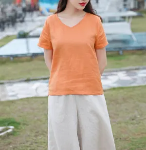 V Neck Orange Linen Blouse Simple Style Shirts Summer Tops  SMM9508