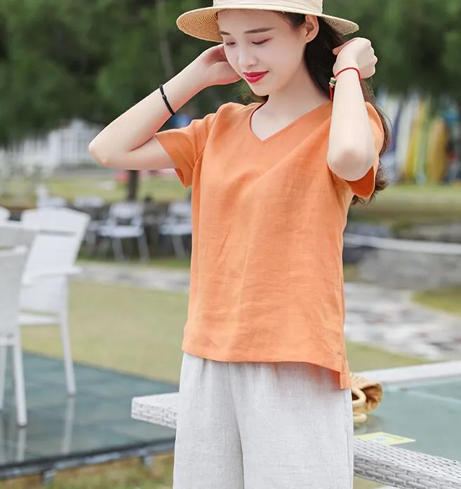 V Neck Orange Linen Blouse Simple Style Shirts Summer Tops  SMM9508