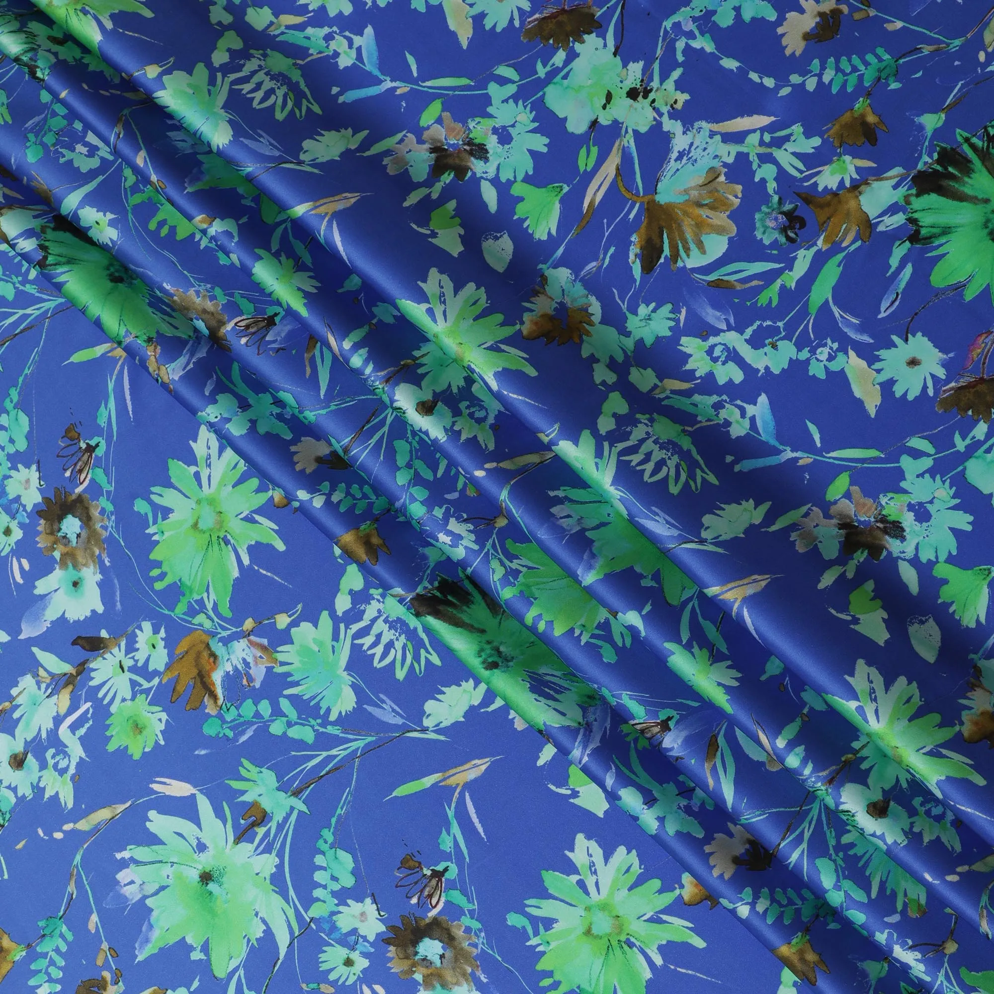 Vibrant Blue & Green Floral Silk Satin Fabric with Mirror Work - 110 cm Width-D20275