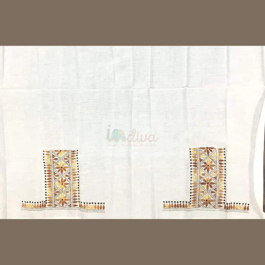 White Kantha Blouse Fabric With Yellow & Brown Motifs