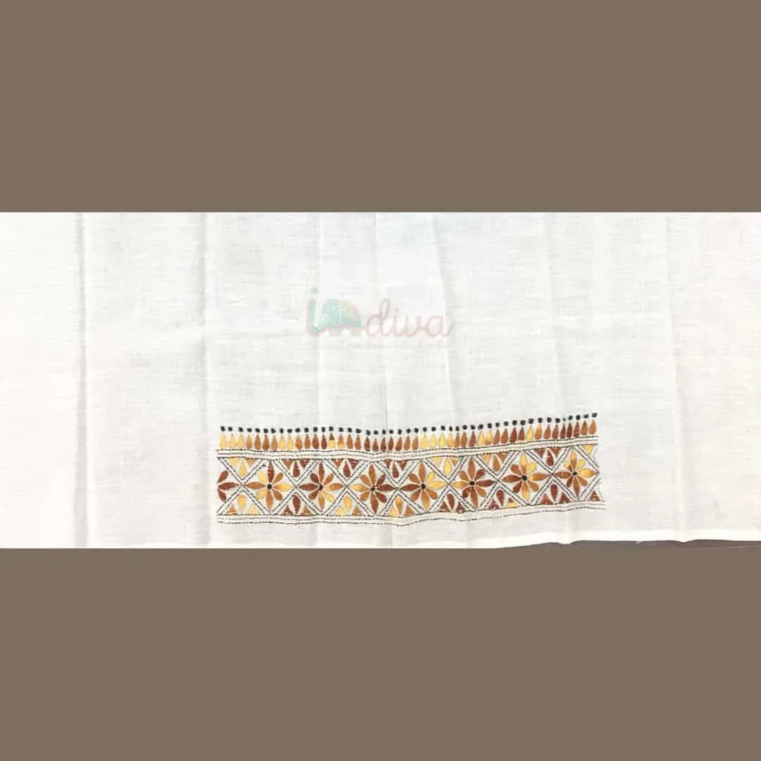 White Kantha Blouse Fabric With Yellow & Brown Motifs