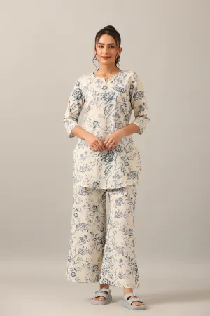 White Roses on Cotton Flex Palazzo Loungewear Set