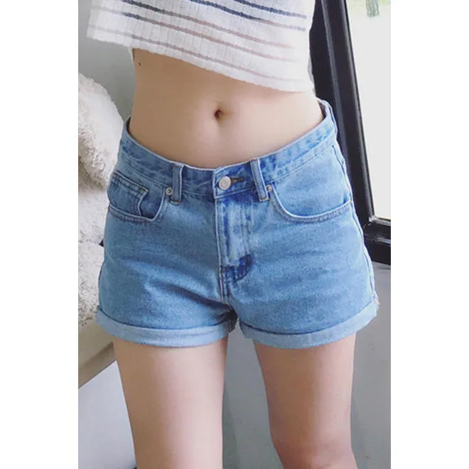 Women Folded Hem Stylish Denim Shorts - C084KMSZB