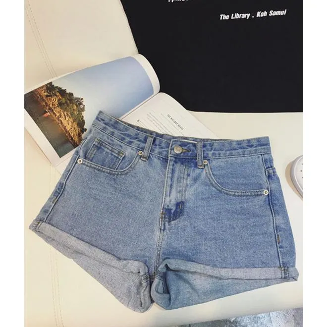 Women Folded Hem Stylish Denim Shorts - C084KMSZB