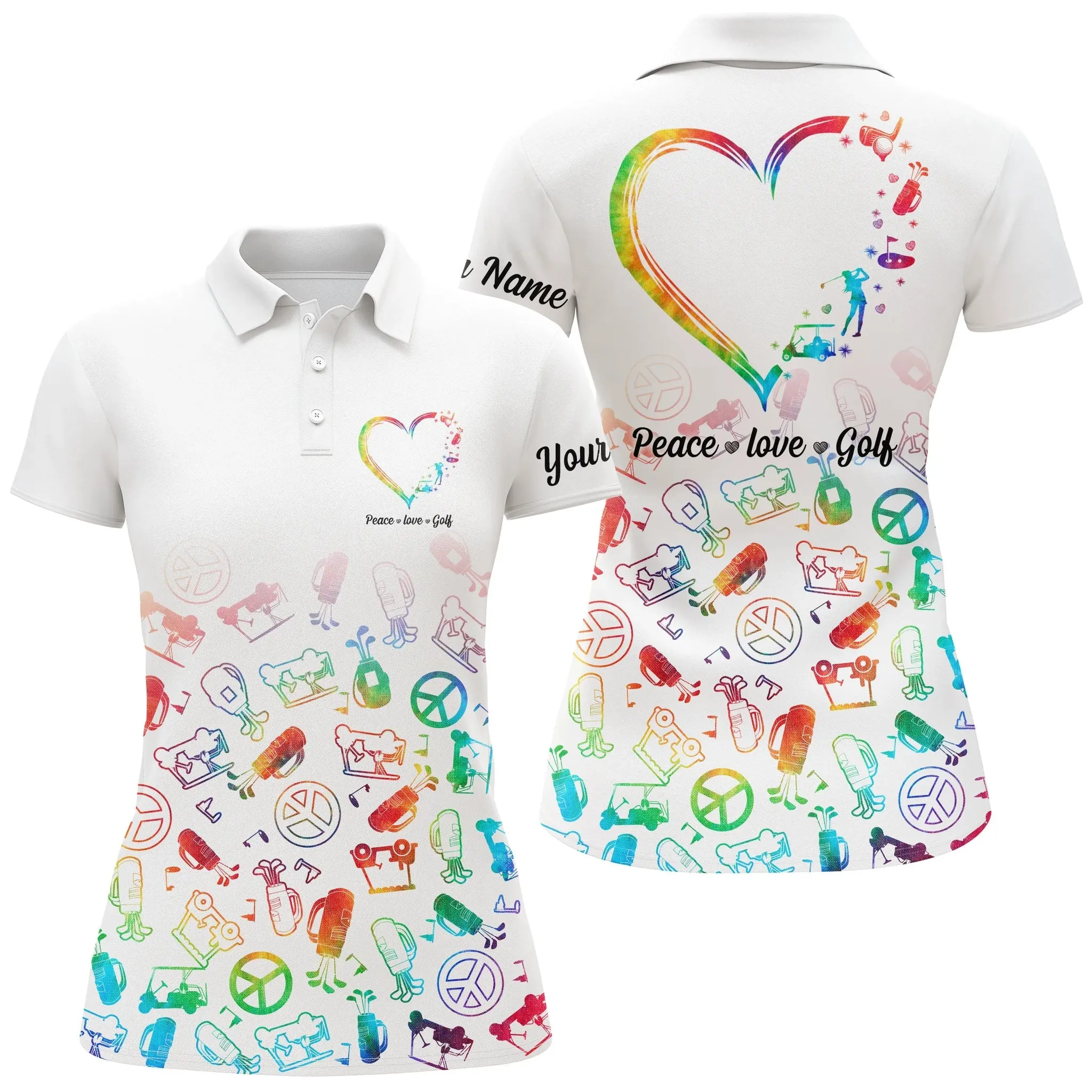 Women Golf Polo Shirts Custom Name Watercolor Peace Love Golf, Personalized Golf Shirt For Women