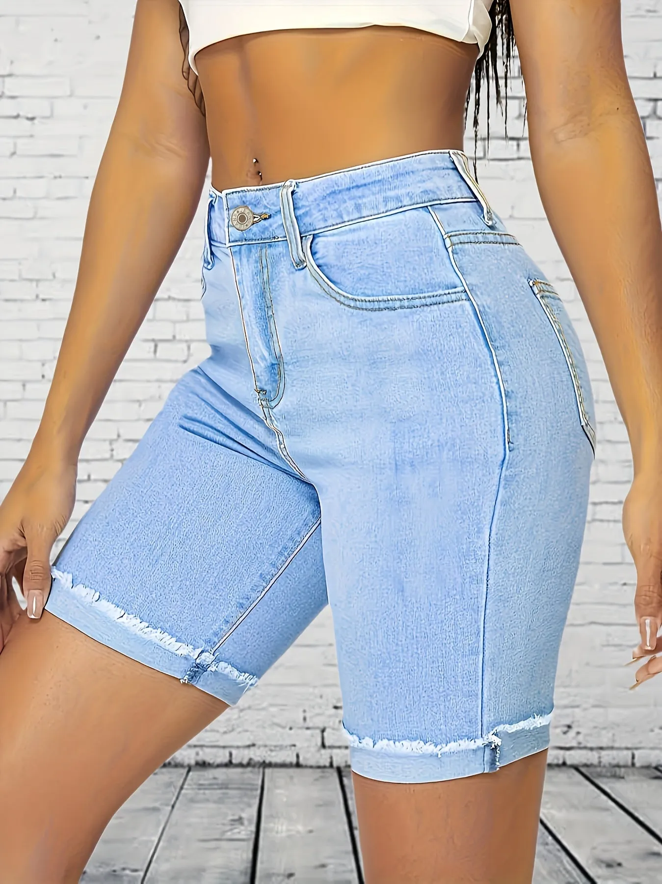 Womens Chic Light Blue Denim Bermuda Shorts - High Waist, Stretchy, Frayed Hem, Mid-Length, Casual & Stylish