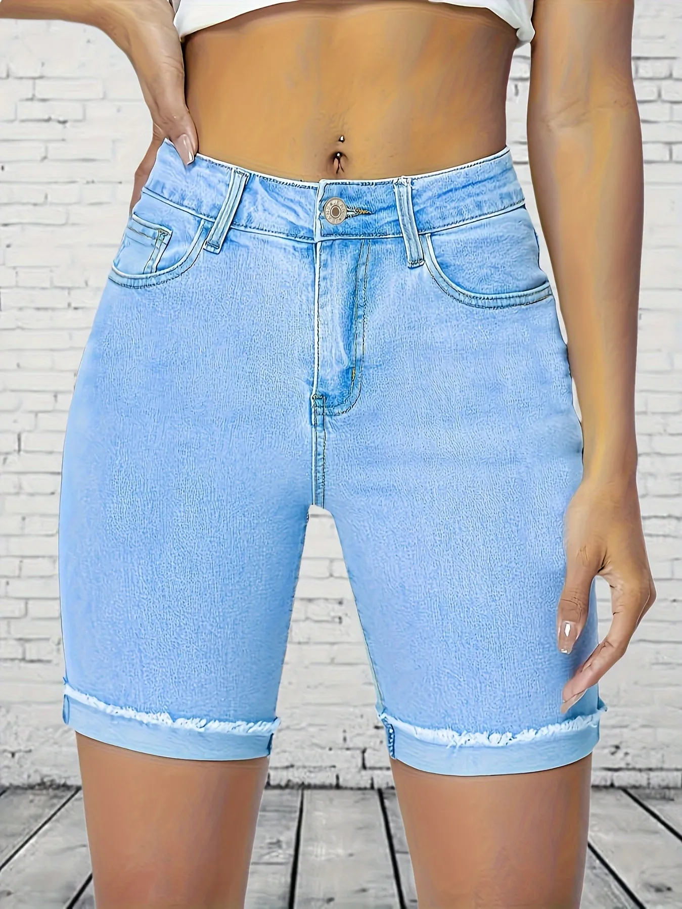 Womens Chic Light Blue Denim Bermuda Shorts - High Waist, Stretchy, Frayed Hem, Mid-Length, Casual & Stylish