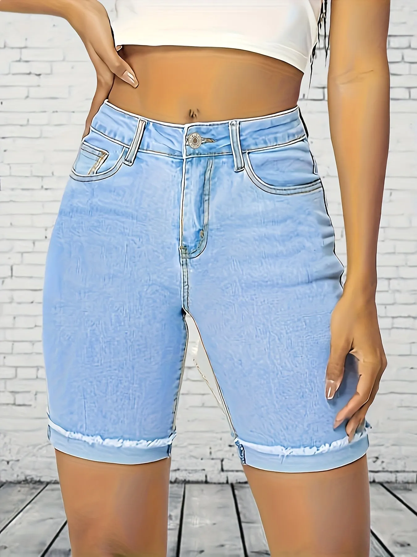 Womens Chic Light Blue Denim Bermuda Shorts - High Waist, Stretchy, Frayed Hem, Mid-Length, Casual & Stylish