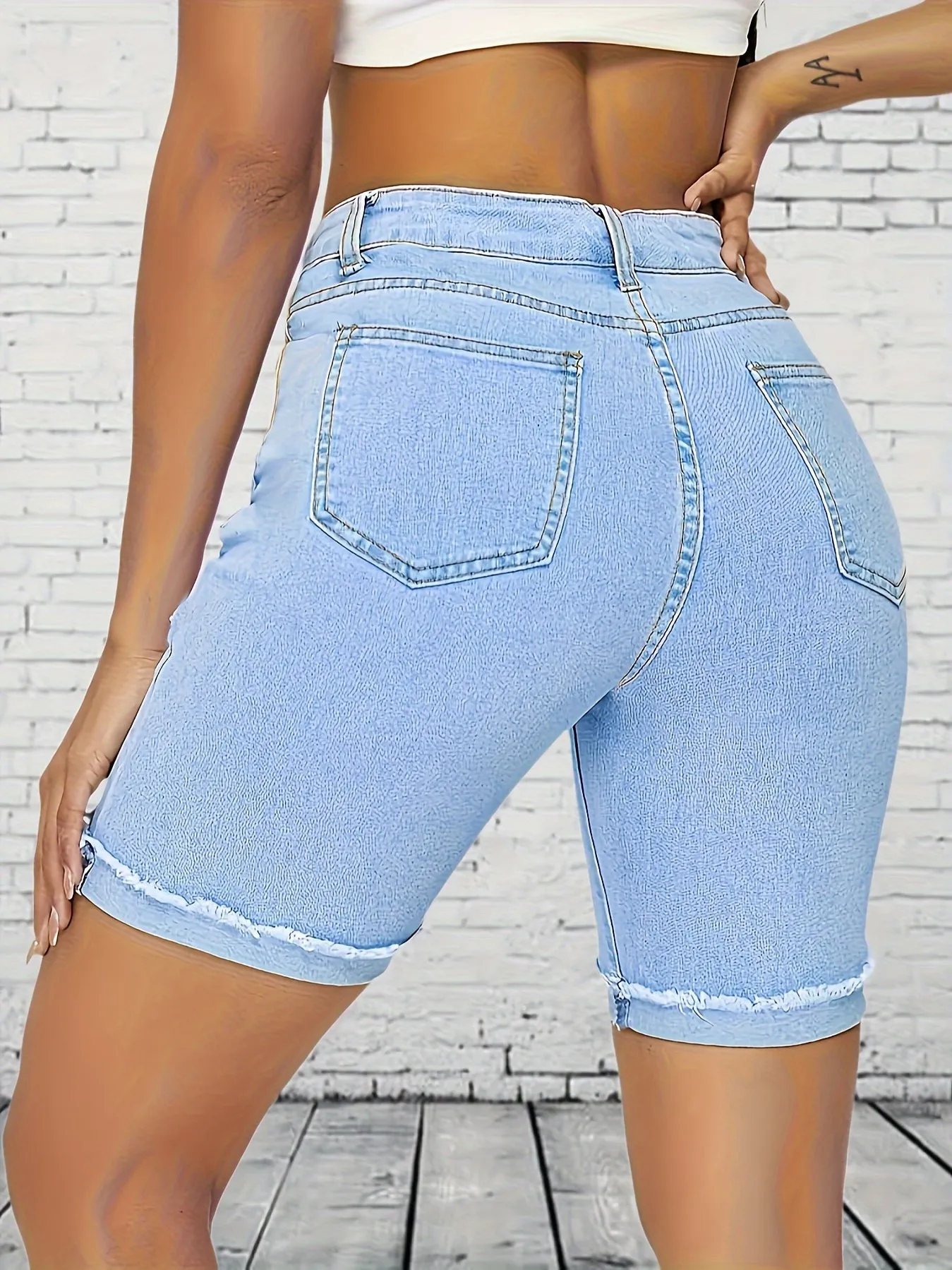 Womens Chic Light Blue Denim Bermuda Shorts - High Waist, Stretchy, Frayed Hem, Mid-Length, Casual & Stylish