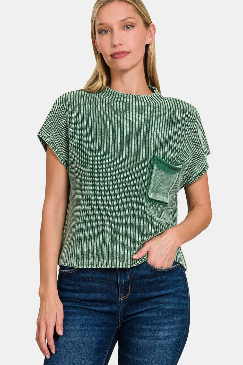 Zenana Washed Mock Neck Short Sleeve Cropped Sweater | Trendy & Versatile Women's Knitwear